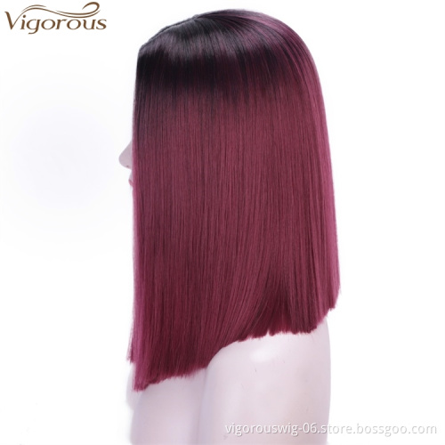 Vigorous 14 inches Short Straight Bob Wig 2 Tone Ombre Red Middle Part Heat Resistant Synthetic Cosplay Daily Use For Women